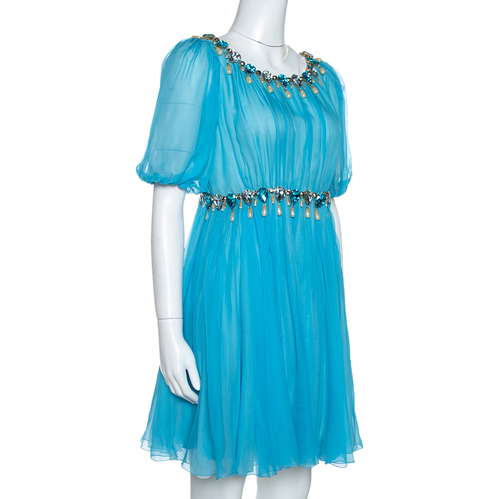 

Dolce & Gabbana Blue Silk Chiffon Crystal Embellished Dress
