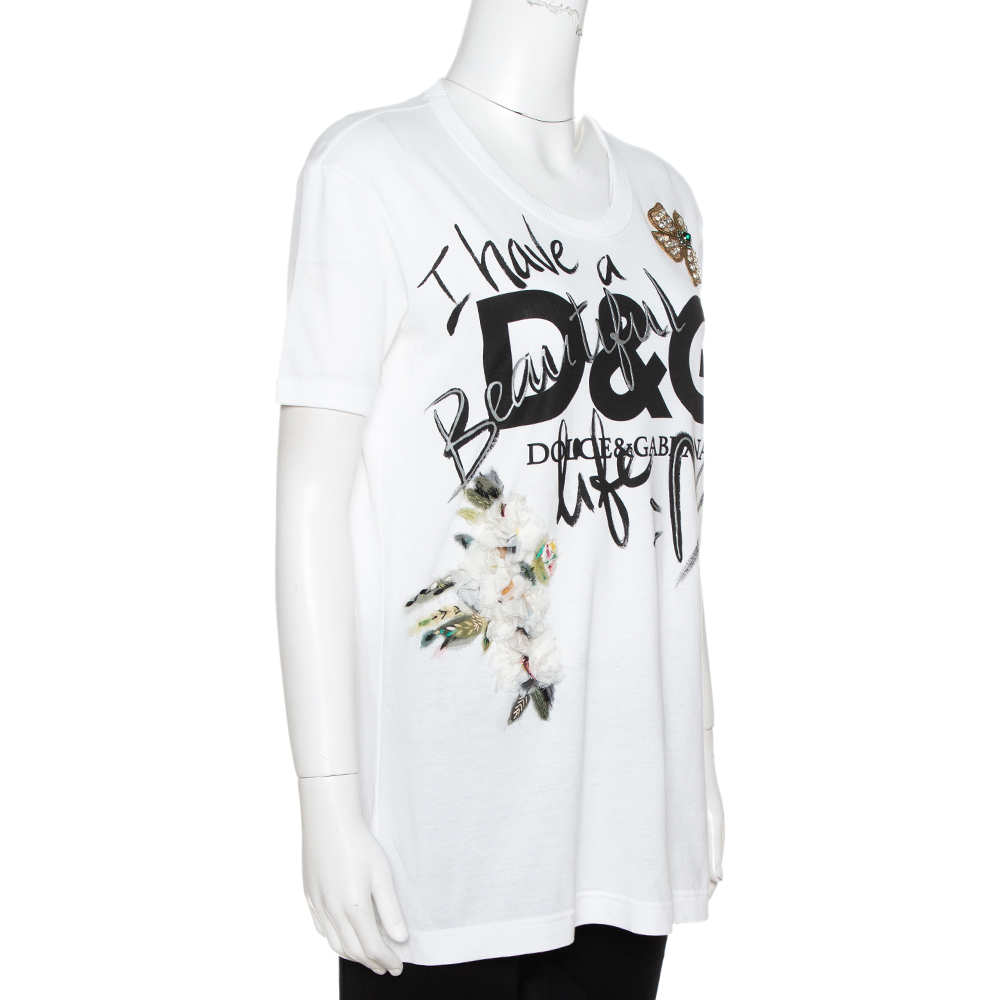 

Dolce & Gabbana White Cotton 'Beautiful Life' Floral Applique T-Shirt