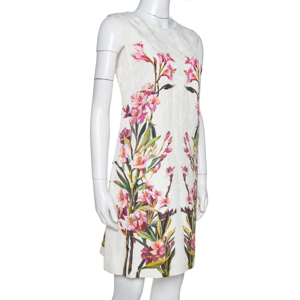 

Dolce & Gabbana Off White Floral Print Cotton Jacquard Shift Dress