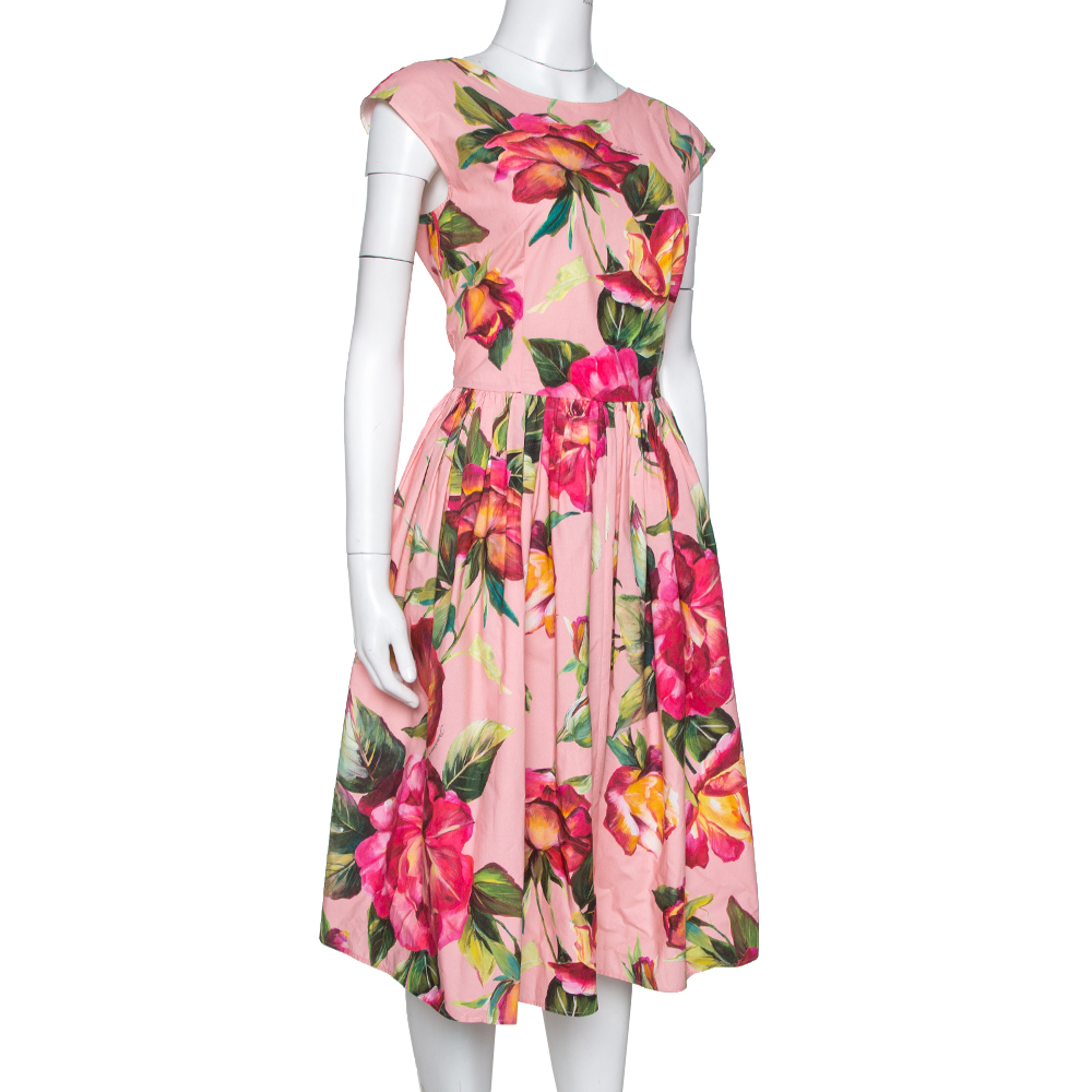 

Dolce & Gabbana Pink Rose Print Cotton Flared Dress