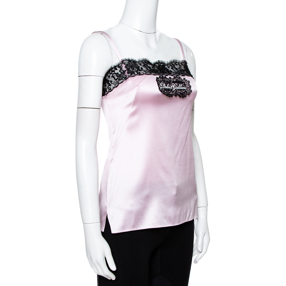 

Dolce & Gabbana Pink Silk Satin Logo Lace Trim Camisole