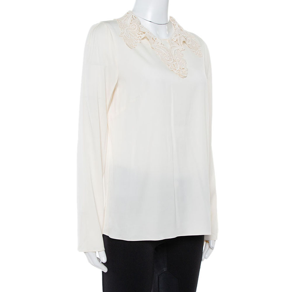 

Dolce & Gabbana Cream Stretch Silk Lace Collar Blouse