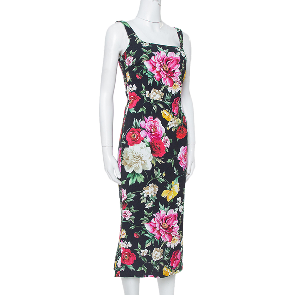 

Dolce & Gabbana Black Floral Printed Crepe Sleeveless Midi Dress