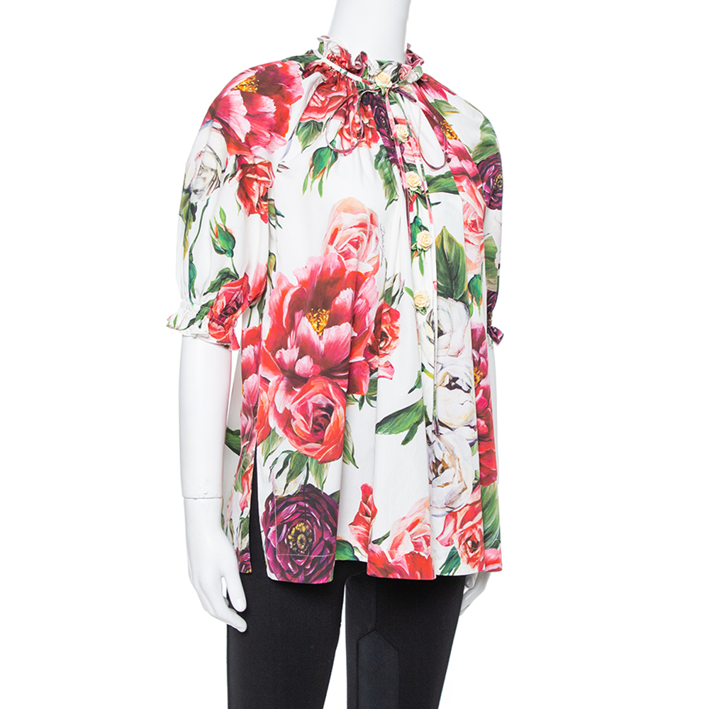 

Dolce & Gabbana White Peony Printed Cotton Ruched Detail Oversized Blouse