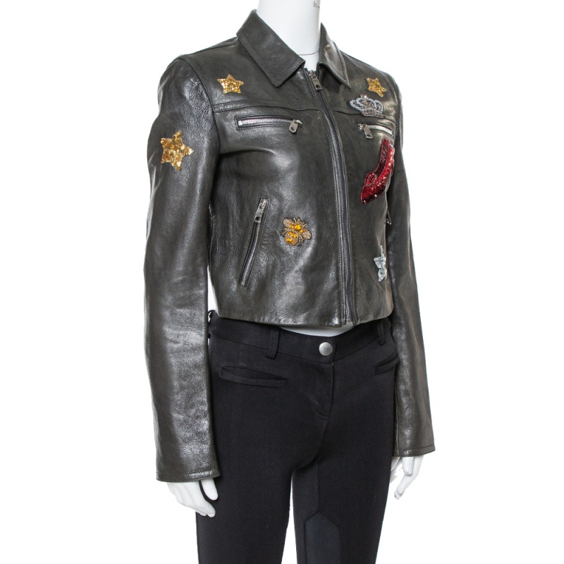 

Dolce & Gabbana Black Sequin Embellished Cropped Leather Jacket