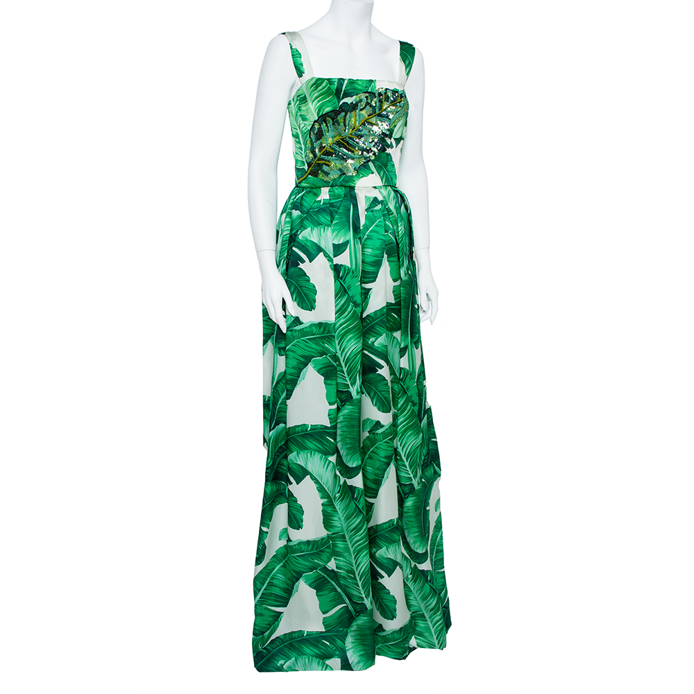 

Dolce & Gabbana Green & White Palm Leaf Print Silk Embellished Gown