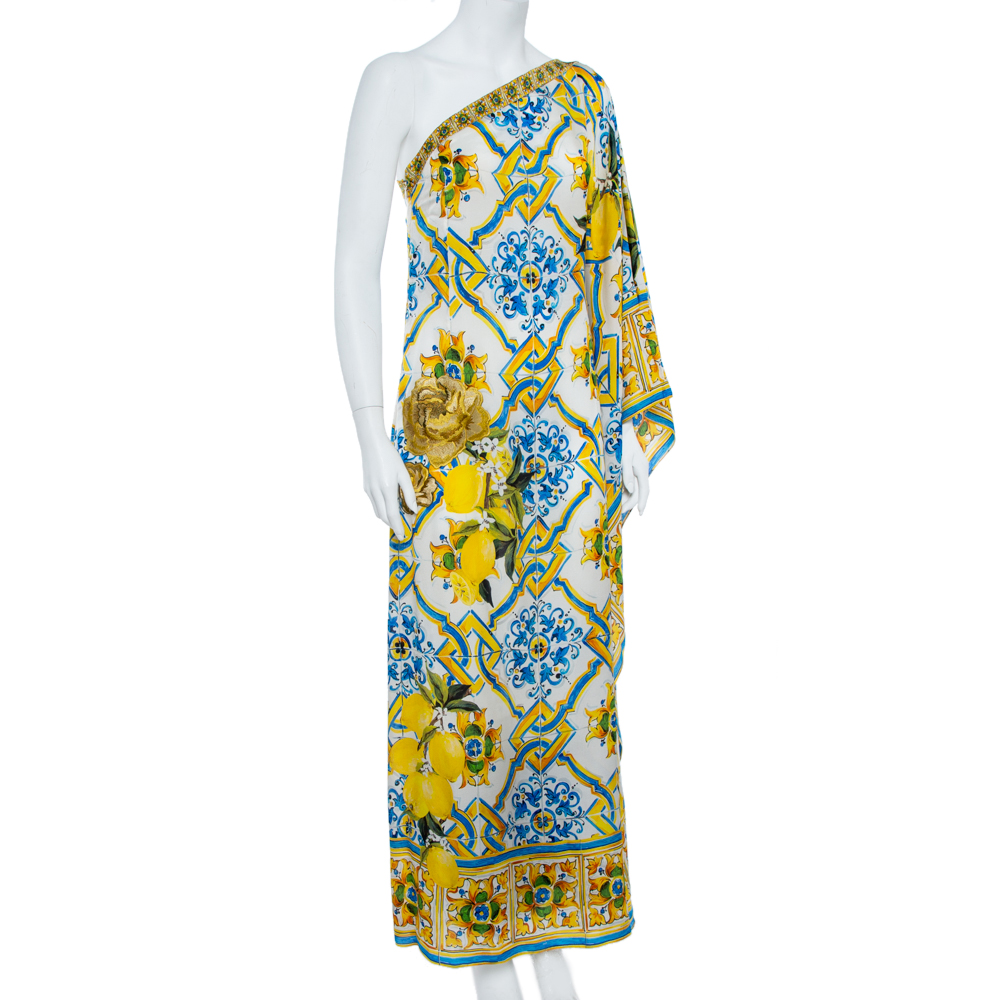 

Dolce & Gabbana Yellow Majolica and Lemon Print Silk Blend One Shoulder Gown