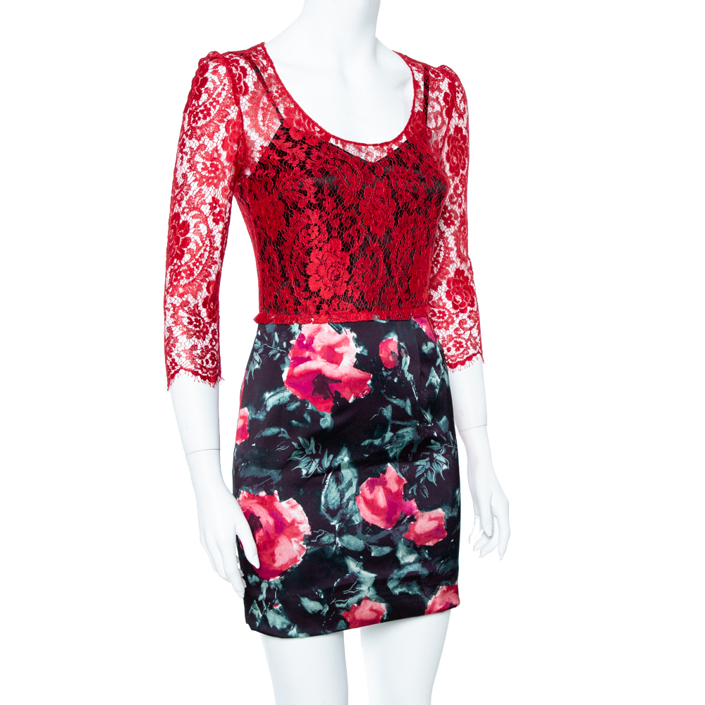 

Dolce & Gabbana Red Lace Bodice Floral Print Sheath Dress M