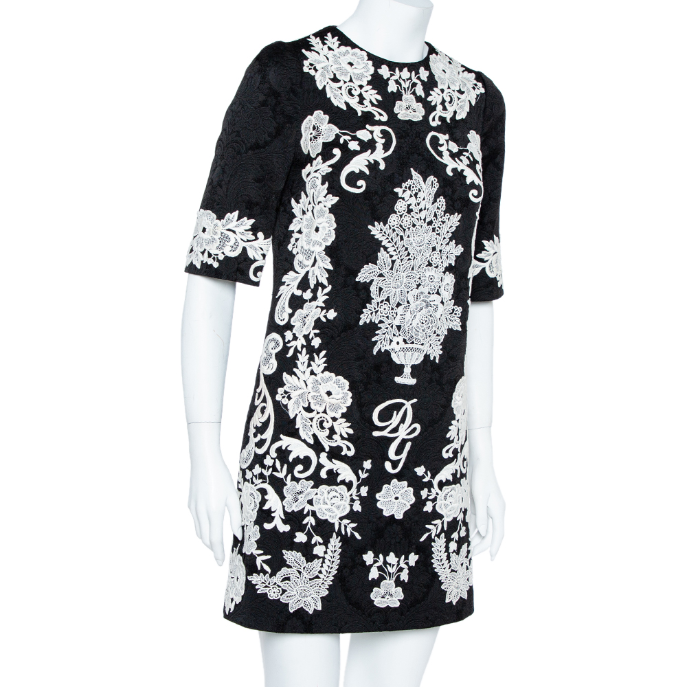 

Dolce & Gabbana Black Jacquard Contrast Floral Lace Shift Dress