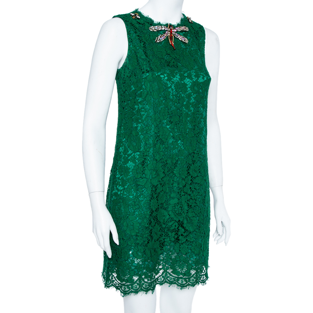 

Dolce & Gabbana Green Lace Dragonfly Embellished Sleeveless Shift Dress