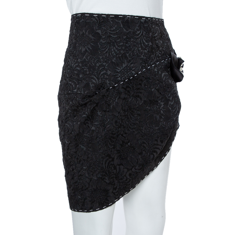 

Dolce & Gabbana Black Brocade Crystal Bow Asymmetric Mini Skirt