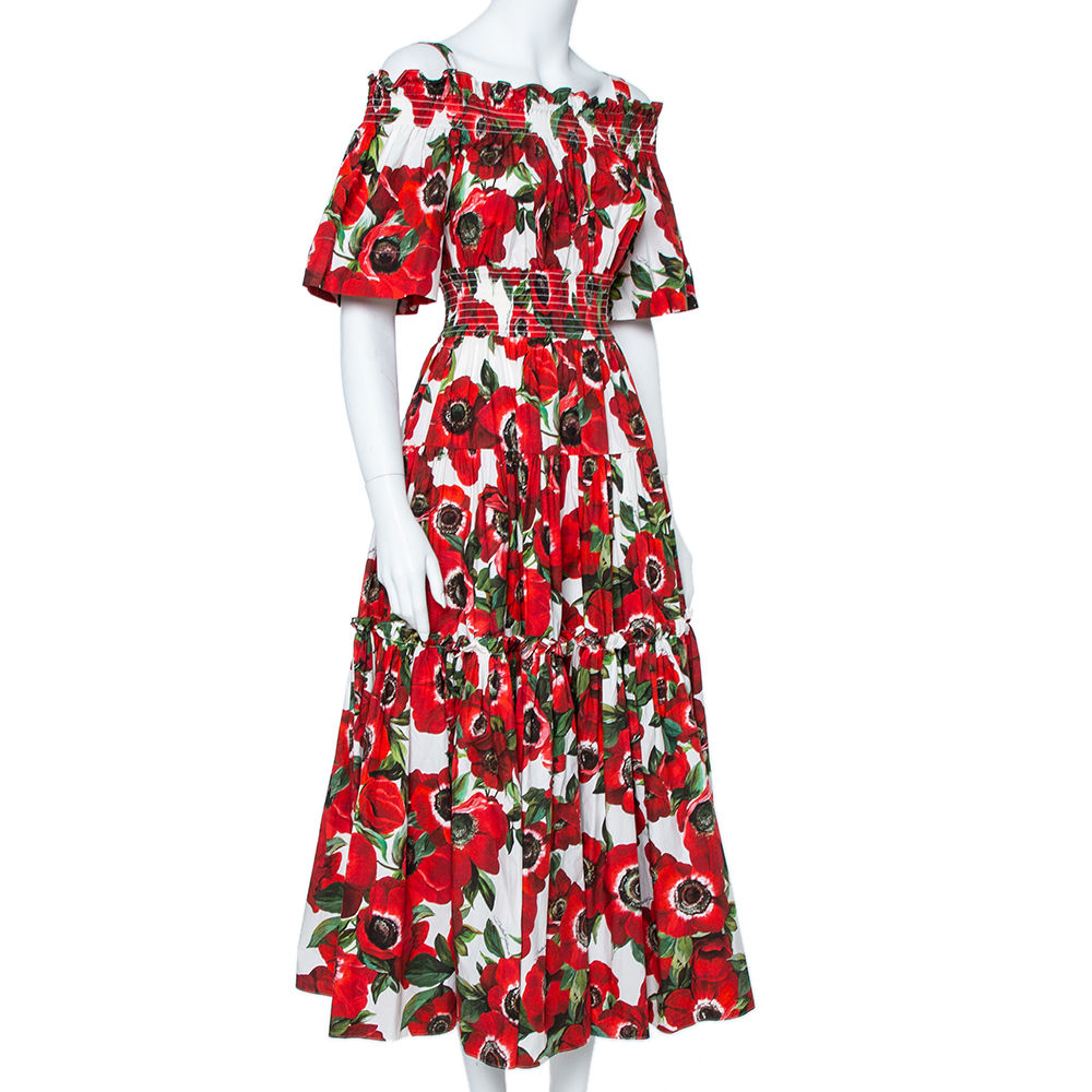 

Dolce & Gabbana Red Cotton Floral Print Off shoulder Dress