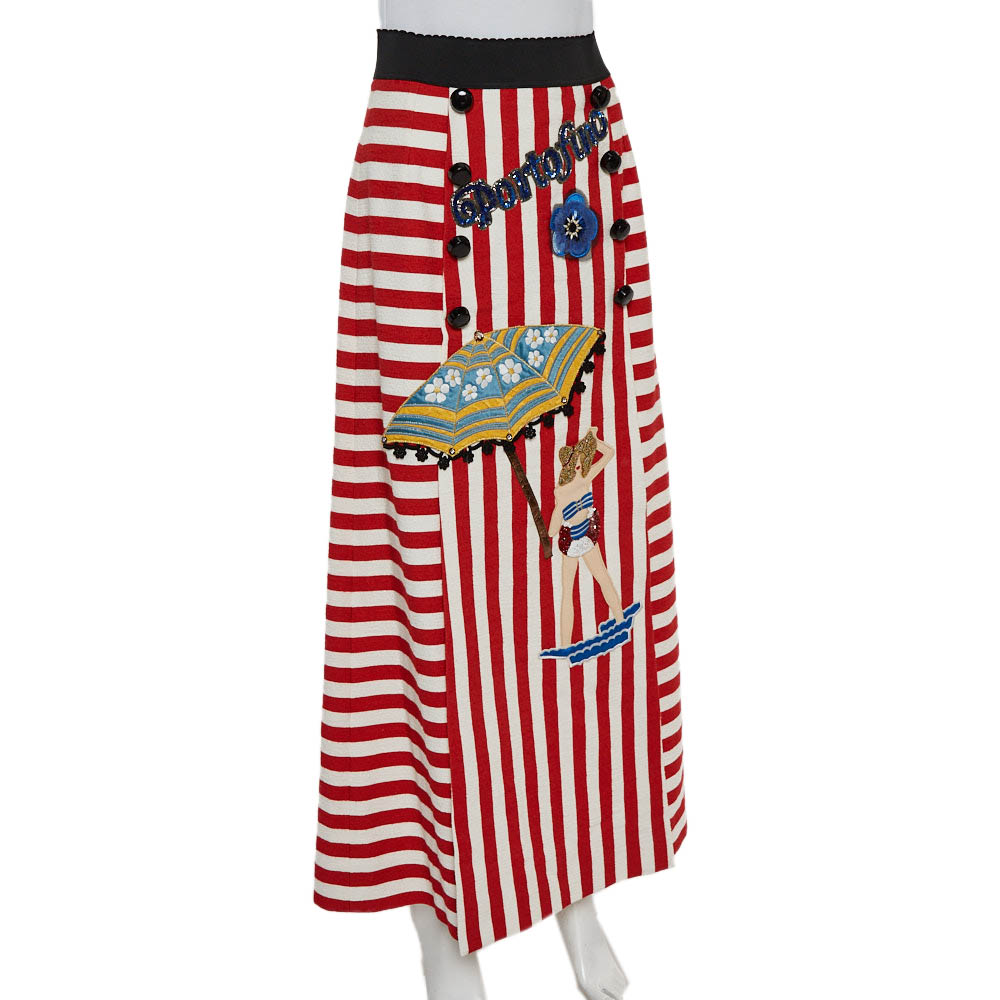 

Dolce & Gabbana Bicolor Striped Cotton Embellished Maxi Skirt, Red