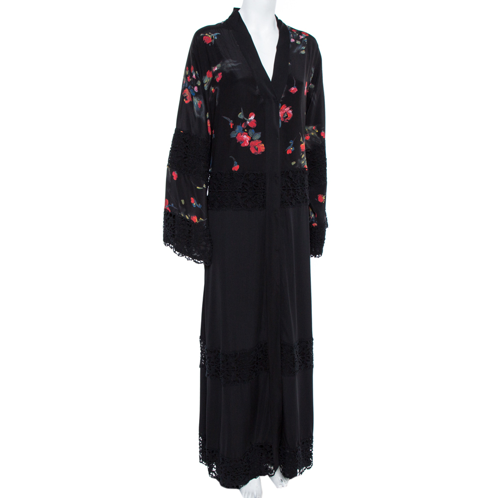 

Dolce & Gabbana Black Floral Print Silk Lace Trim Abaya