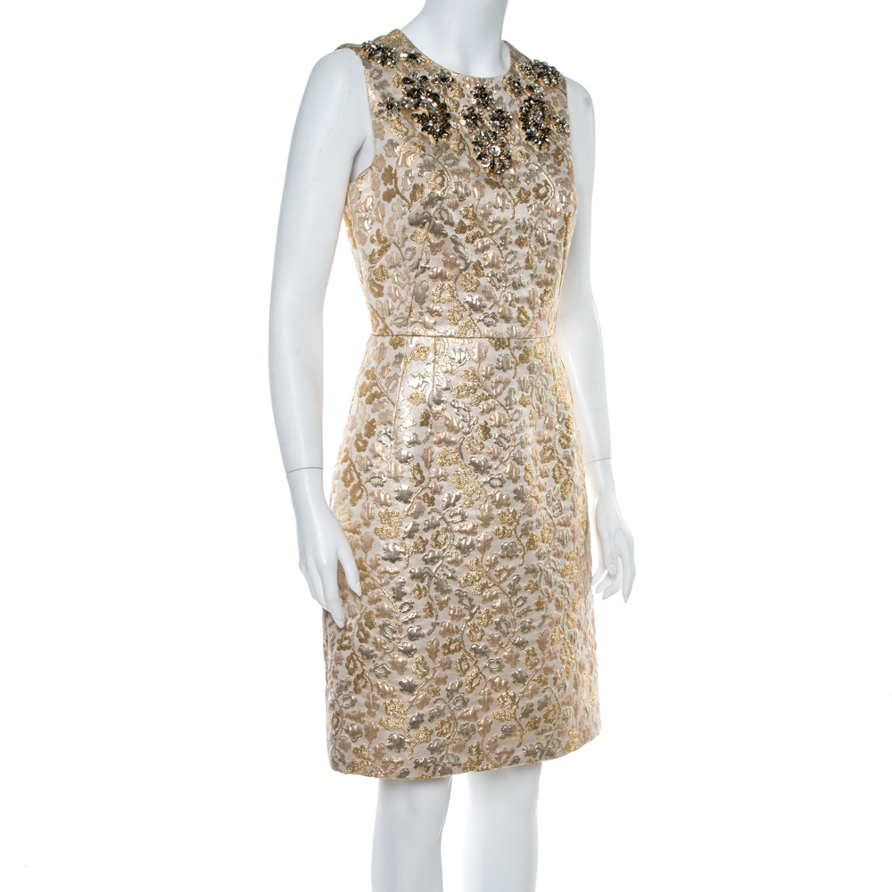 

Dolce & Gabbana Gold Floral Jacquard Crystal Embellished Sheath Dress