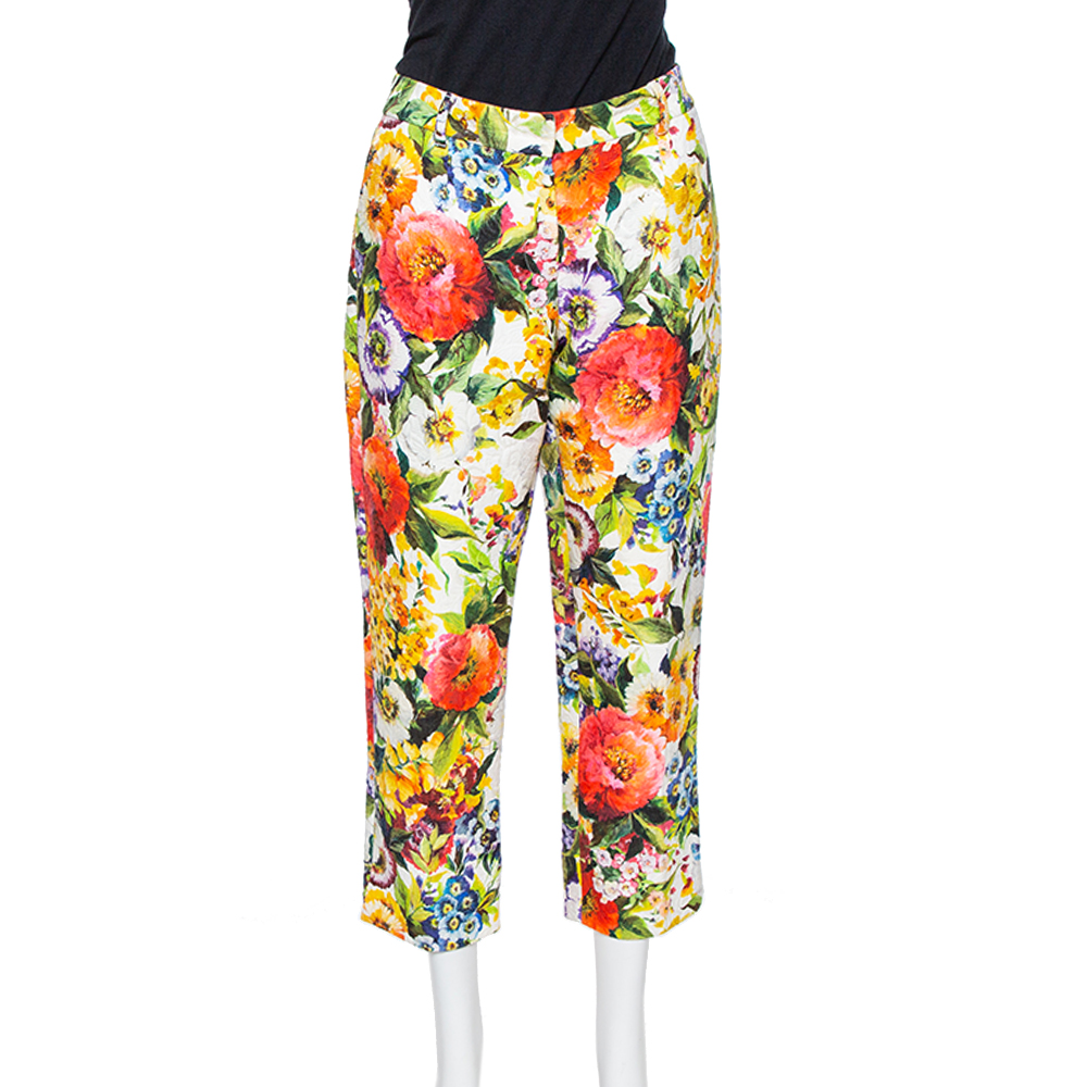 Pre-owned Dolce & Gabbana Multicolor Floral Embossed Jacquard Cropped Trousers M