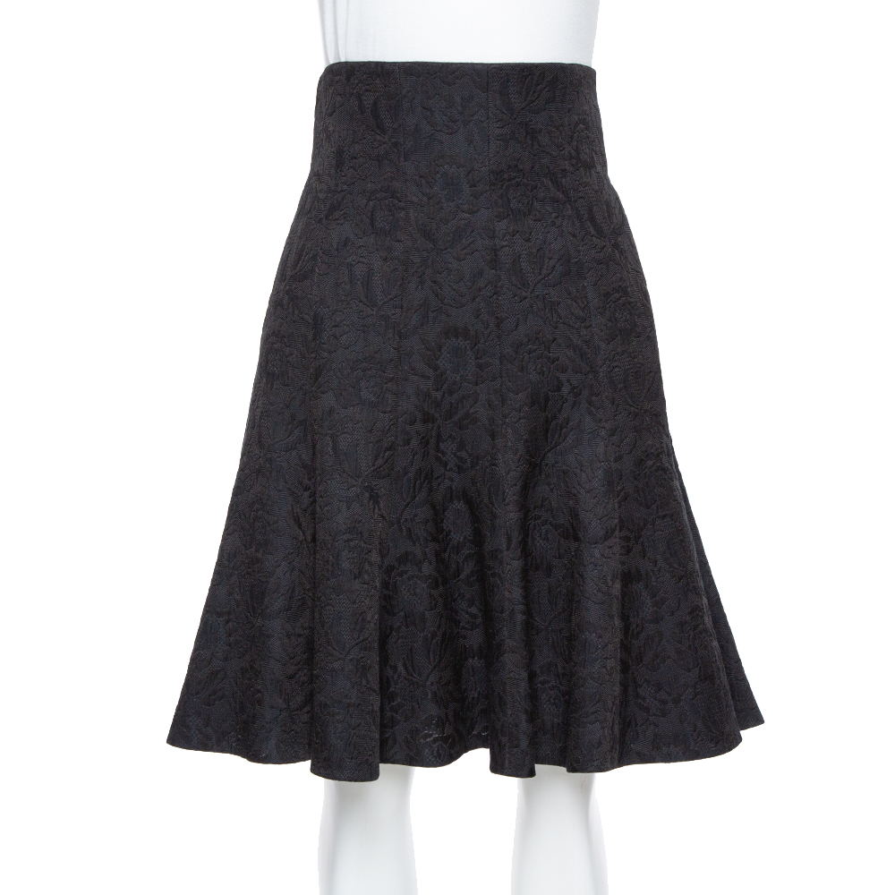 Pre-owned Dolce & Gabbana Black Floral Embossed Jacquard Fit & Flare Short Skirt L