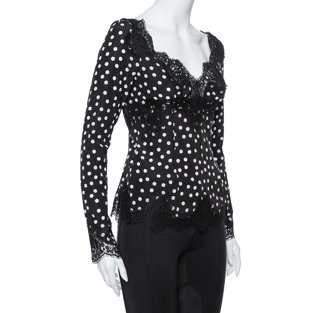 

Dolce & Gabbana Monochrome Polka Dot Silk & Lace Detail Plunge Neck Top, Black