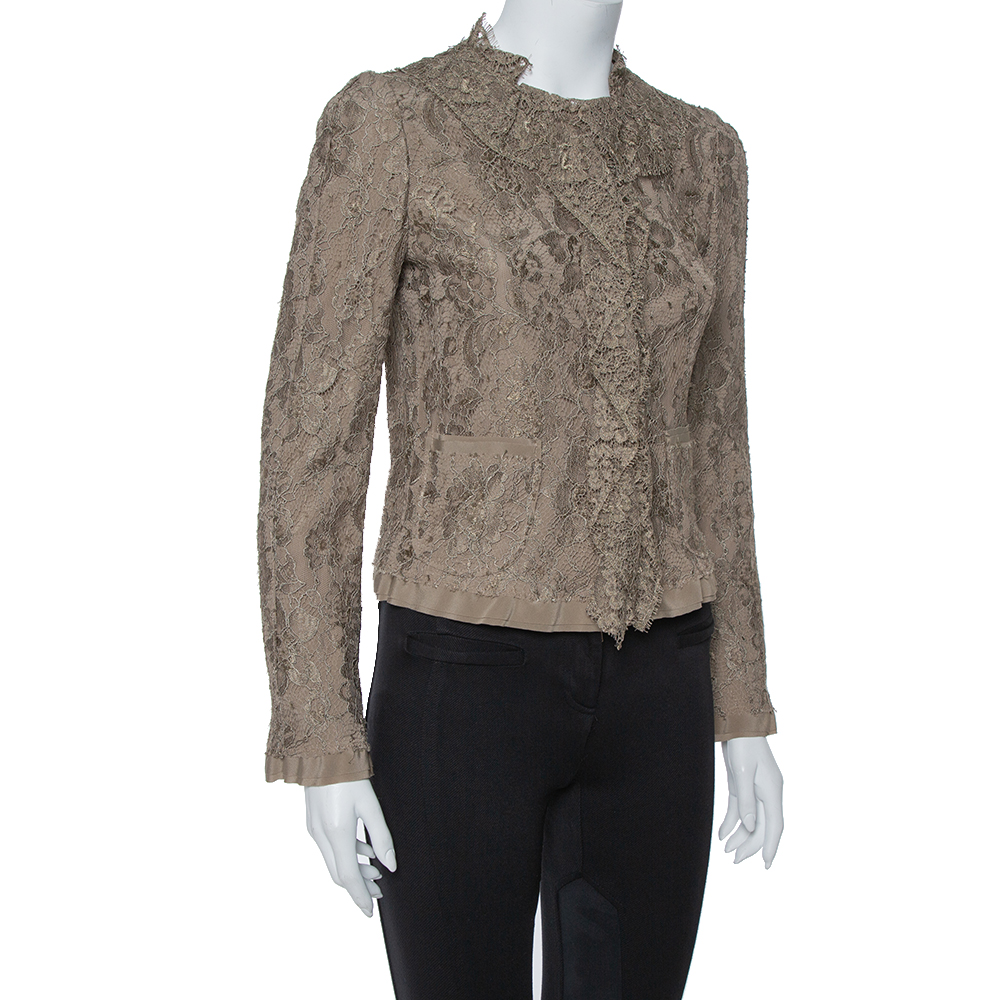 

Dolce and Gabbana Olive Green Floral Lace Ruffle Trim Jacket