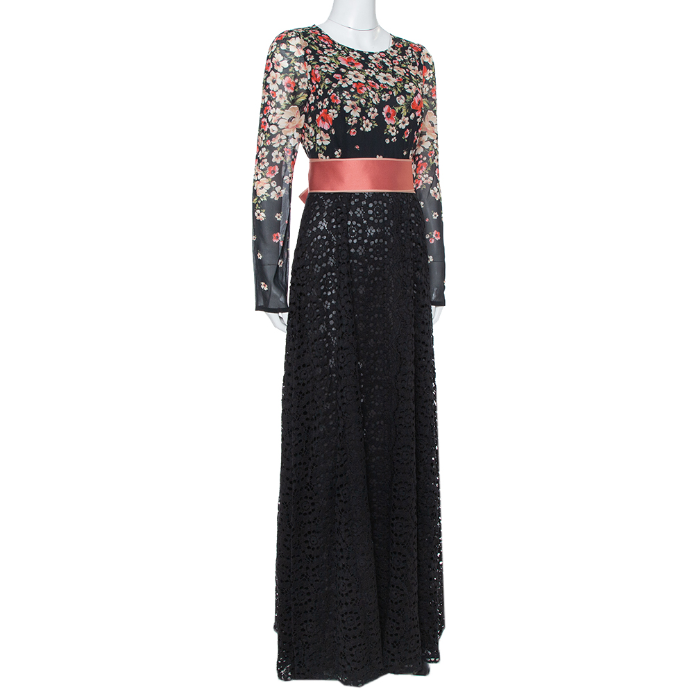 

Dolce & Gabbana Black Floral Printed Chiffon & Lace Trim Maxi Dress