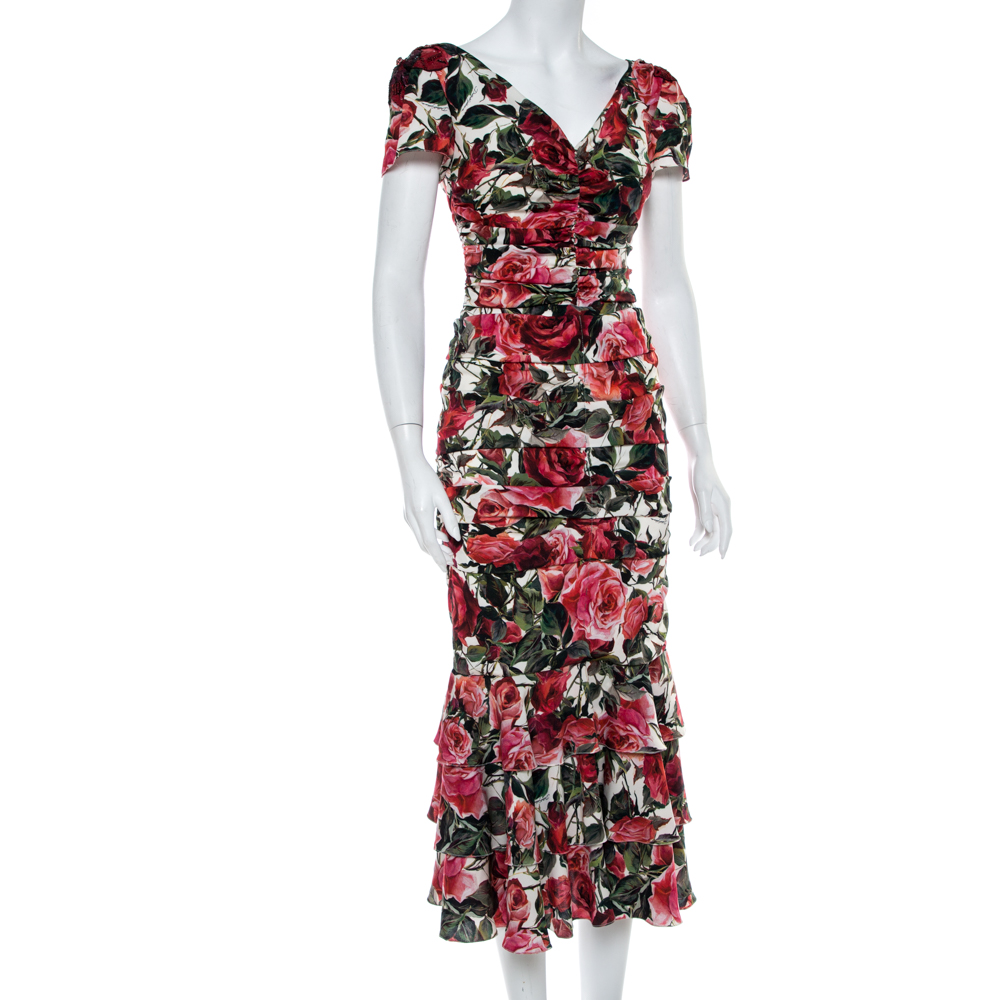 

Dolce & Gabbana Multicolor Floral Printed Silk Crepe Ruched Midi Dress, Navy blue
