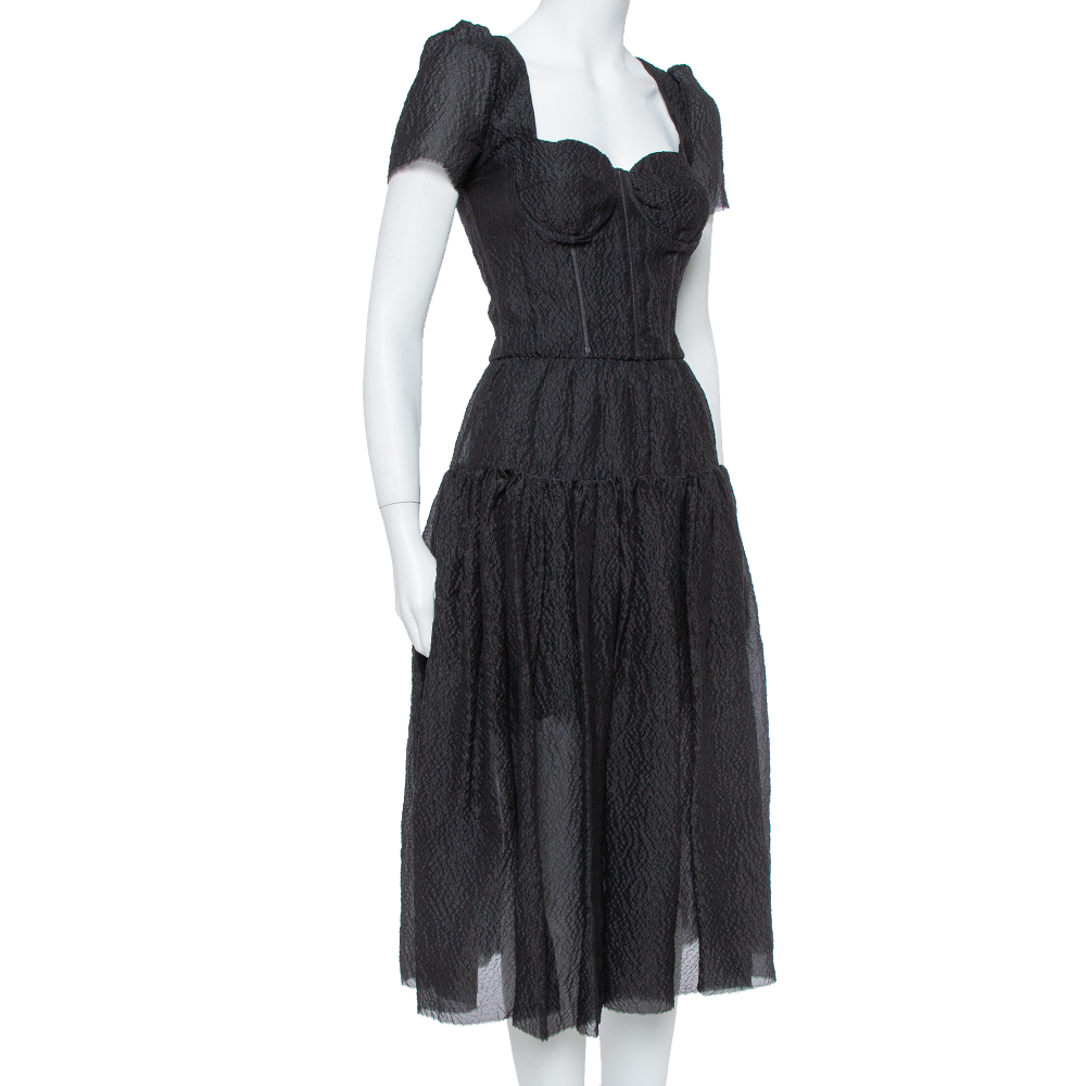 

Dolce & Gabbana Black Textured Silk Corset Detail Flared Midi Dress