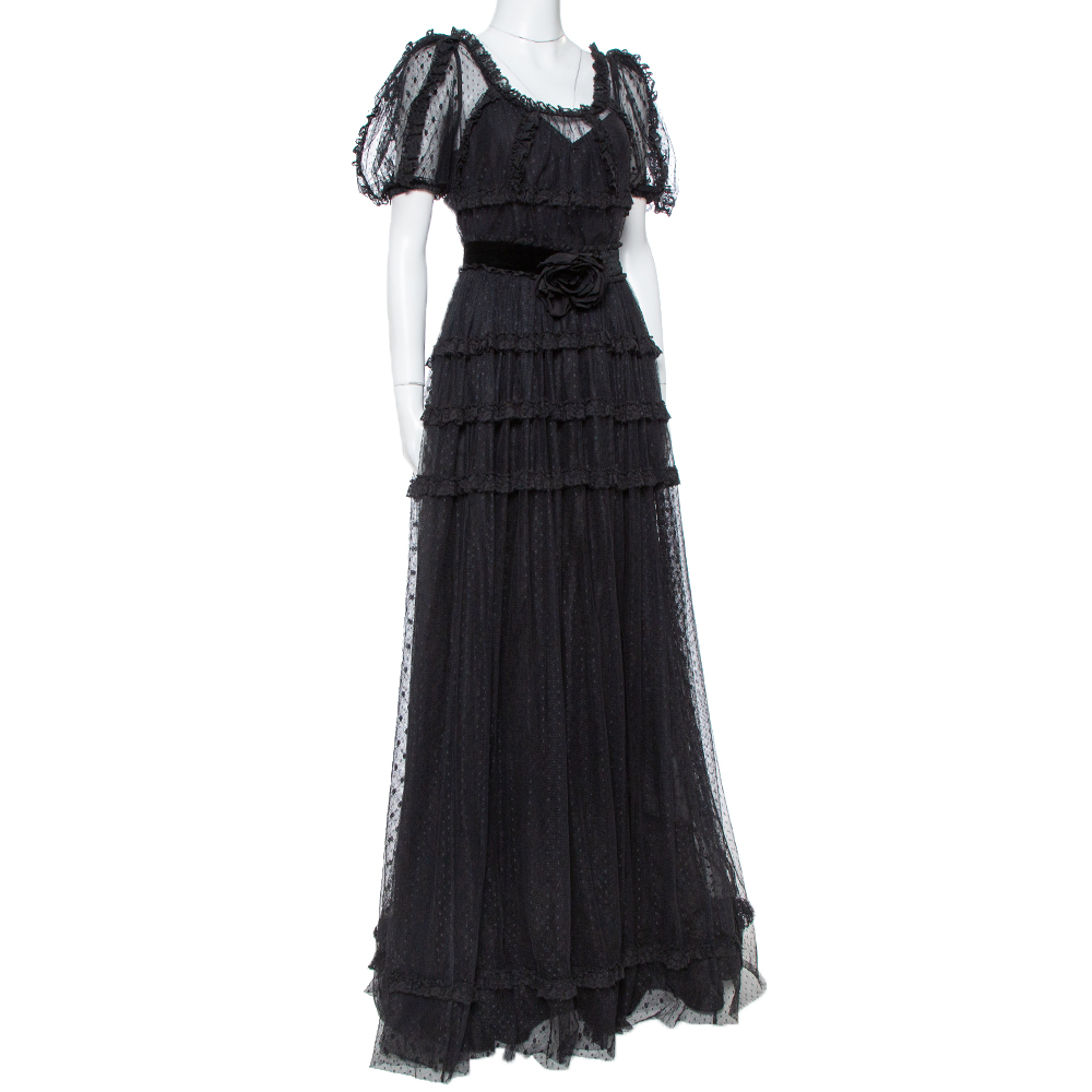 

Dolce & Gabbana Black Tulle Ruffle Lace Detail Flared Maxi Dress