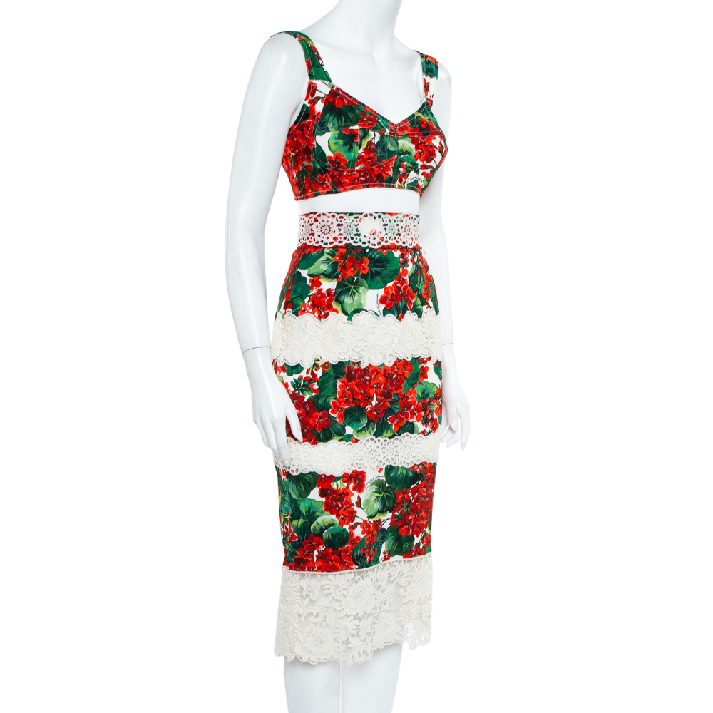 

Dolce & Gabbana Hydrangea Printed Crepe & Paneled Lace Cropped Top & Skirt Set, Multicolor
