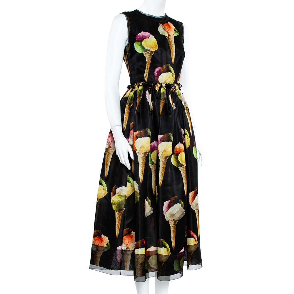 

Dolce & Gabbana Black Silk Gelato Print Sleeveless Midi Dress