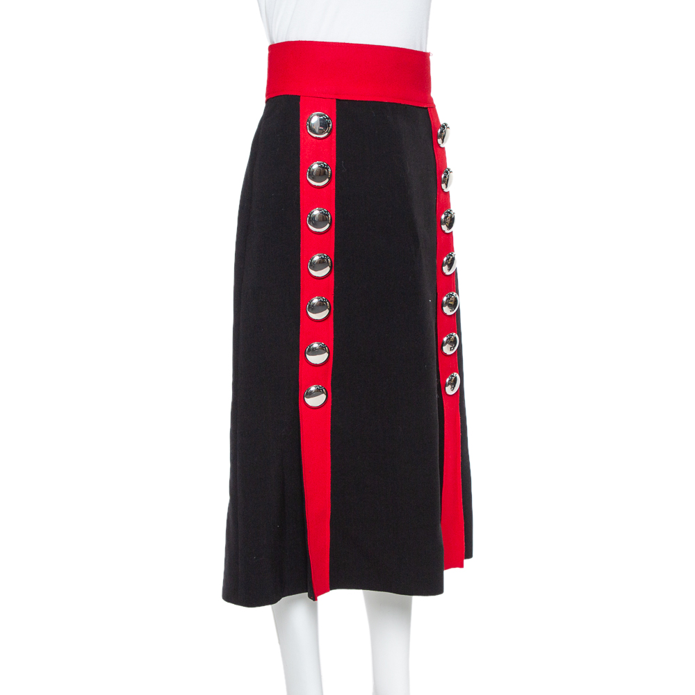 

Dolce & Gabbana Black and Red Stretch Wool Button Detail Midi Skirt