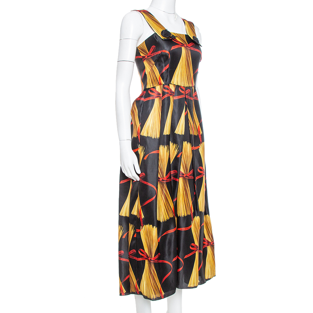 

Dolce & Gabbana Black Spaghetti Printed Silk Organza Midi Dress