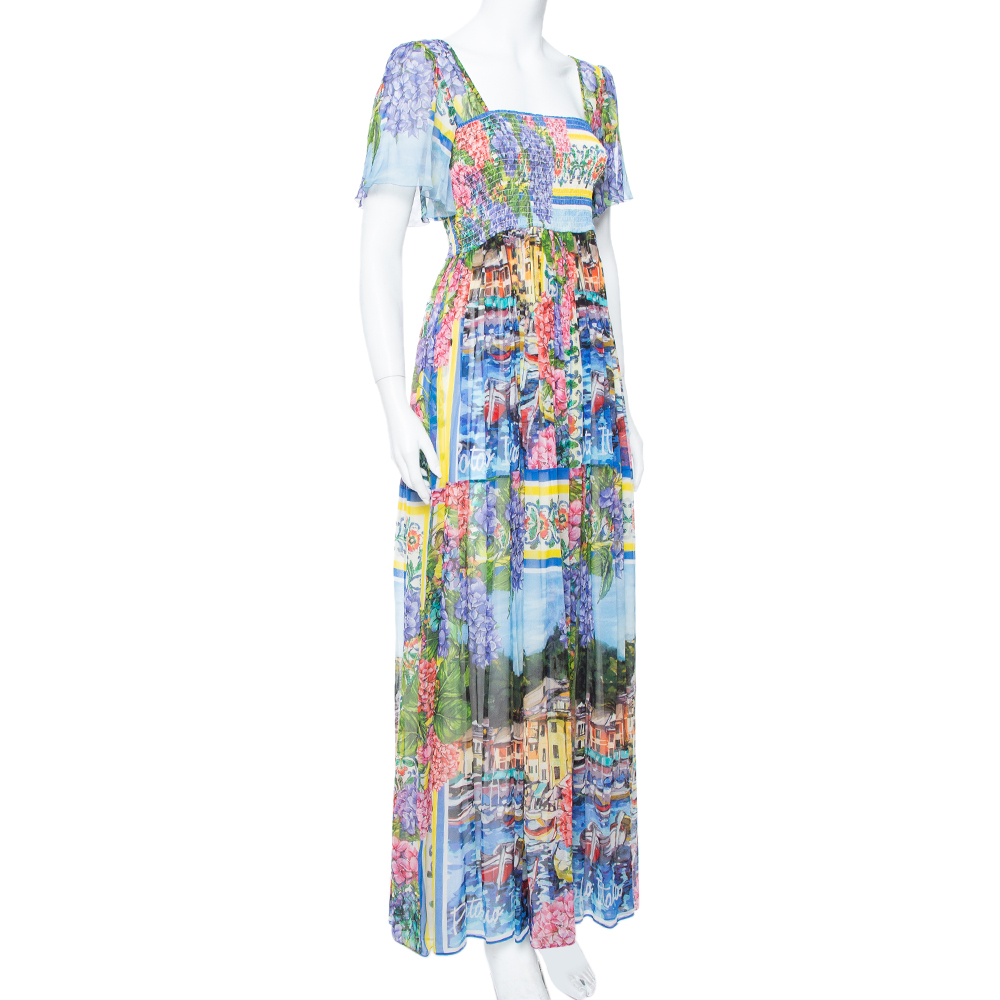 

Dolce & Gabbana Multicolor Floral Printed Chiffon Smocked Detail Maxi Dress