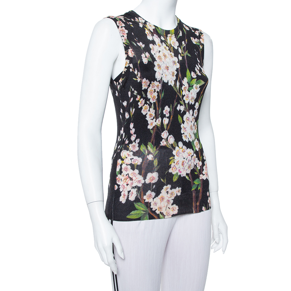 

Dolce & Gabbana Black Floral Printed Silk Knit Sleeveless Top