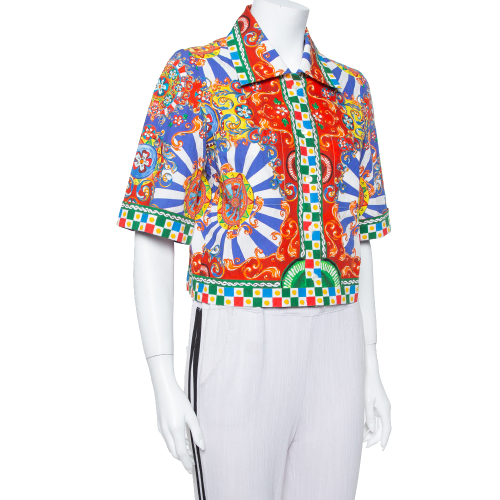 

Dolce & Gabbana Multicolor Carretto Siciliano Print Cotton Cropped Shirt