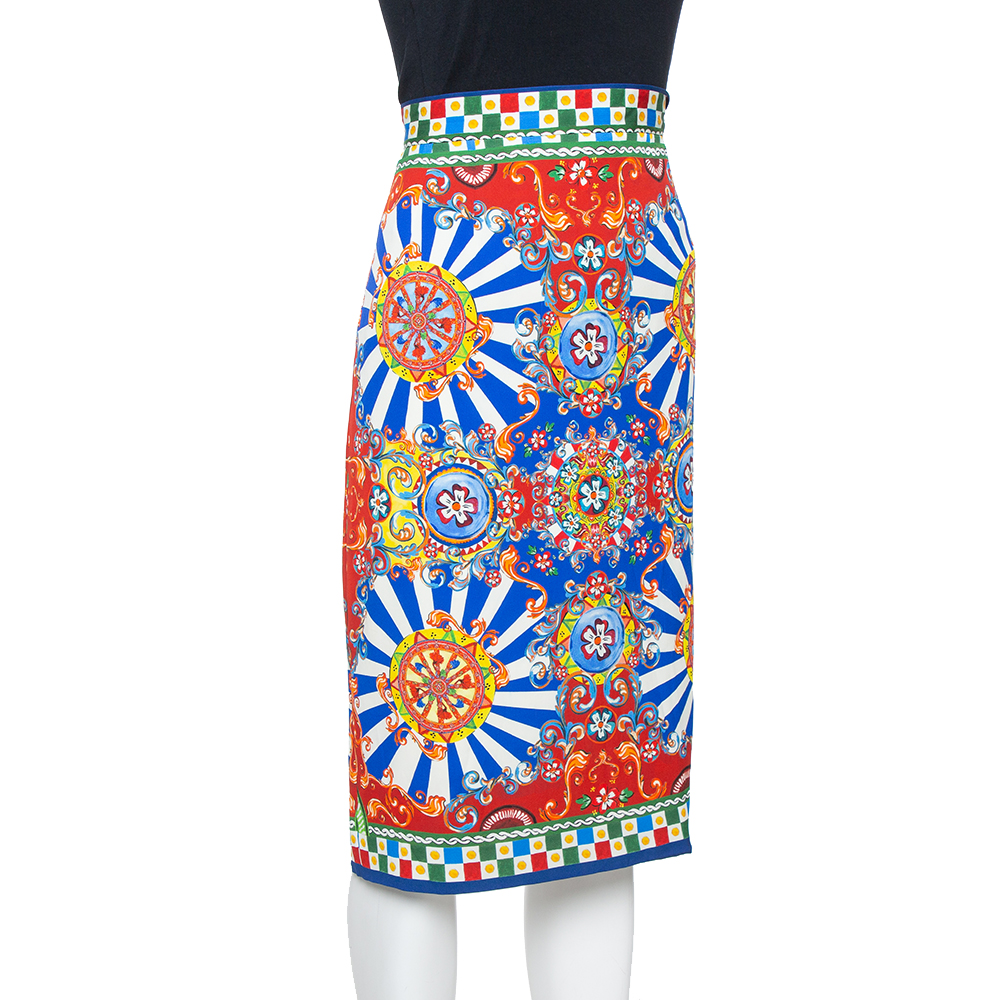 

Dolce & Gabbana Multicolor Carretto Siciliano Print Silk Pencil Skirt