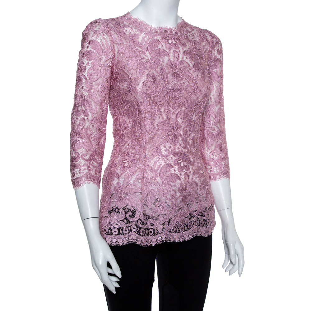 

Dolce & Gabbana Pink Lace Three Quarter Sleeve Top