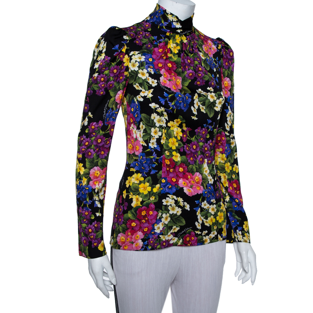 

Dolce & Gabbana Black Floral Printed Silk Stand Collar Top