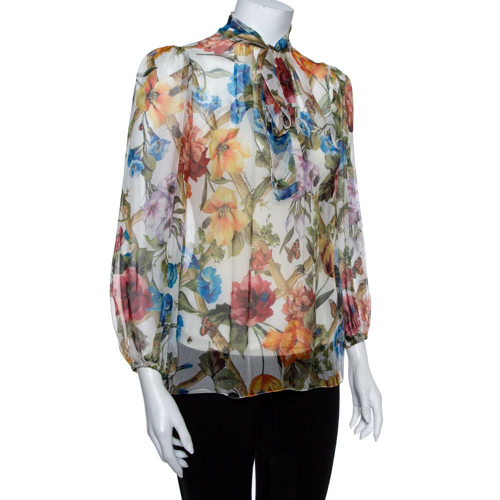 

Dolce & Gabbana Multicolor Floral Printed Chiffon Neck Tie Detail Sheer Top