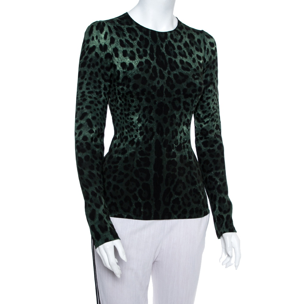 

Dolce & Gabbana Dark Green Crepe Animal Print Long Sleeve Top