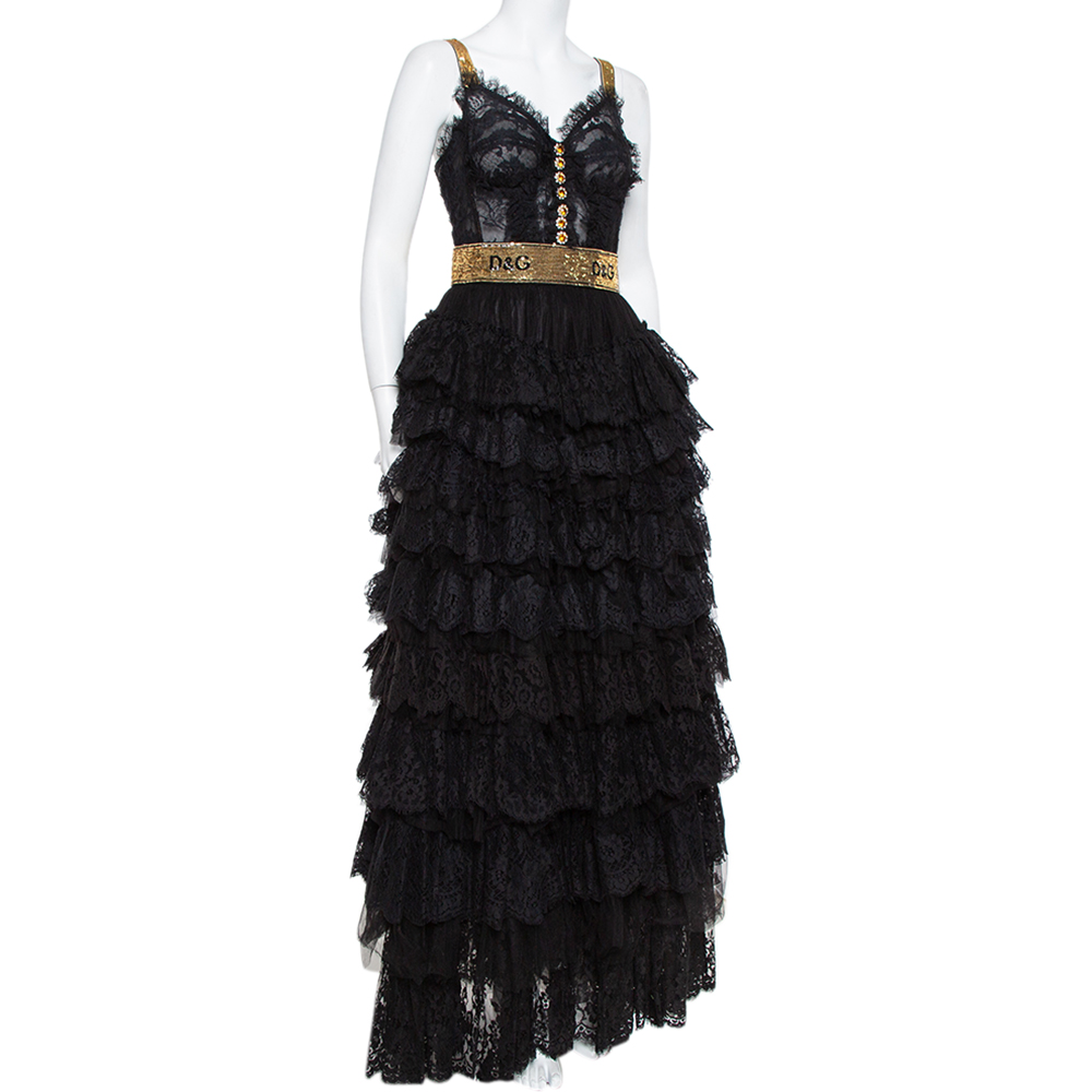 

Dolce & Gabbana Black Floral Lace & Tulle Sequin Embellished Tiered Evening Gown