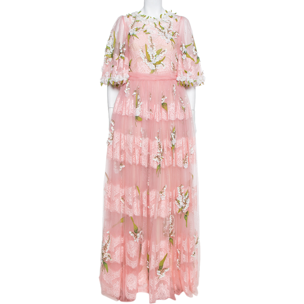 Pre-owned Dolce & Gabbana Pink Tulle Floral Applique Detail Maxi Dress M