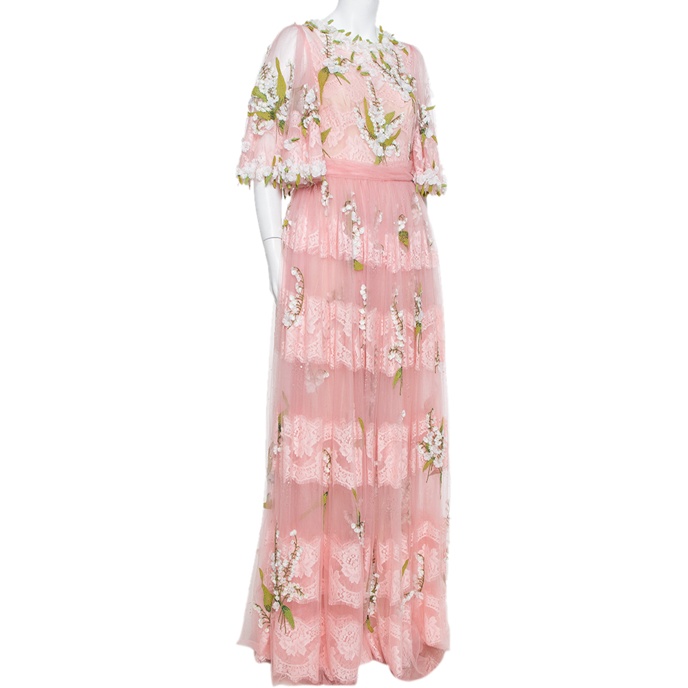 

Dolce & Gabbana Pink Tulle Floral Applique Detail Maxi Dress