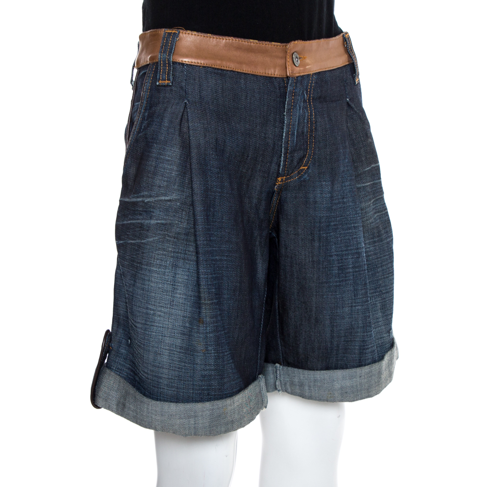 

D&G Navy Blue Denim Leather Trim Detail Oversized Shorts