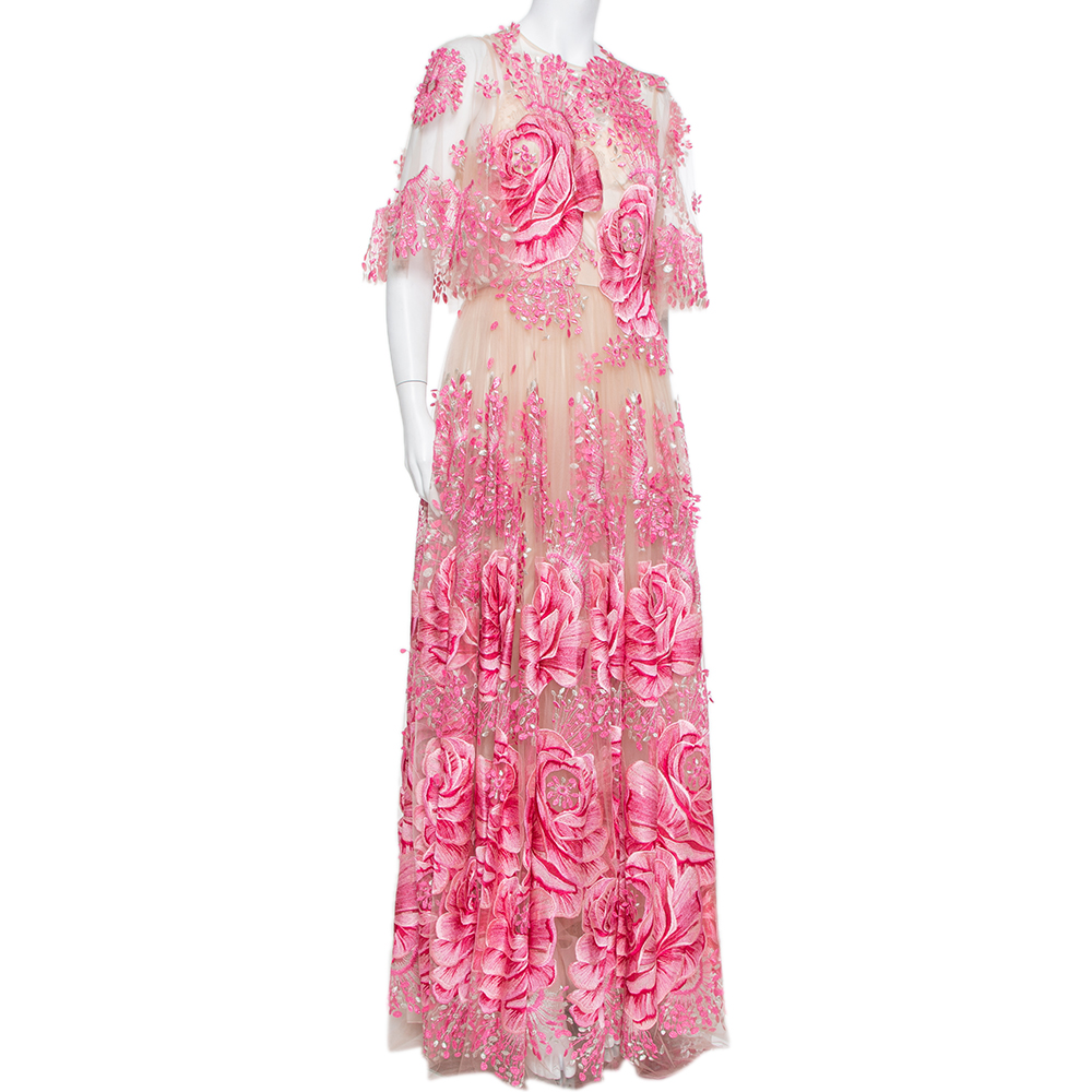 

Dolce & Gabbana Beige & Pink Tulle Floral Applique Detail Gown