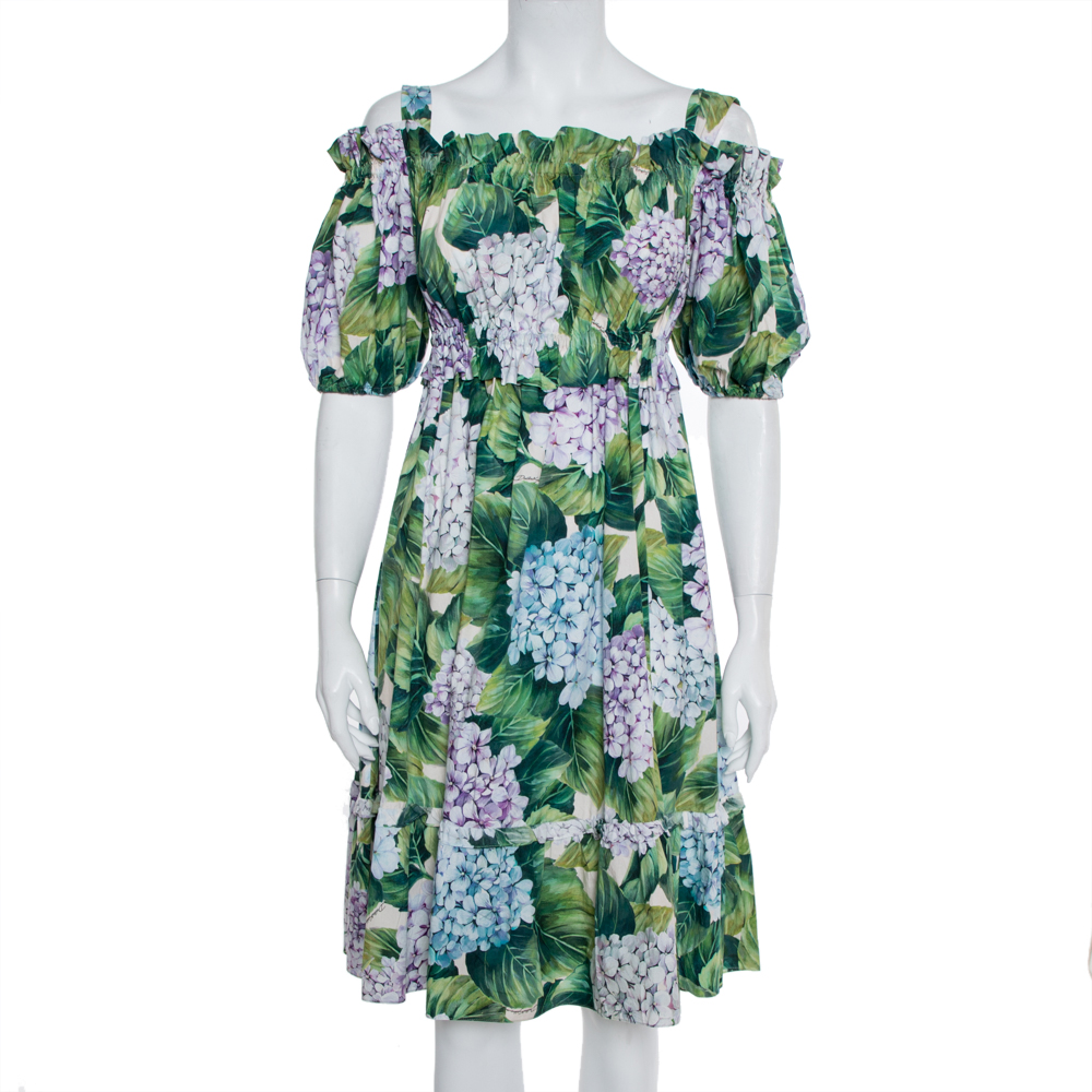 Pre-owned Dolce & Gabbana Hydrangea Print Cotton Poplin Elasticized Waist Cold Shoulder Dress S In Green