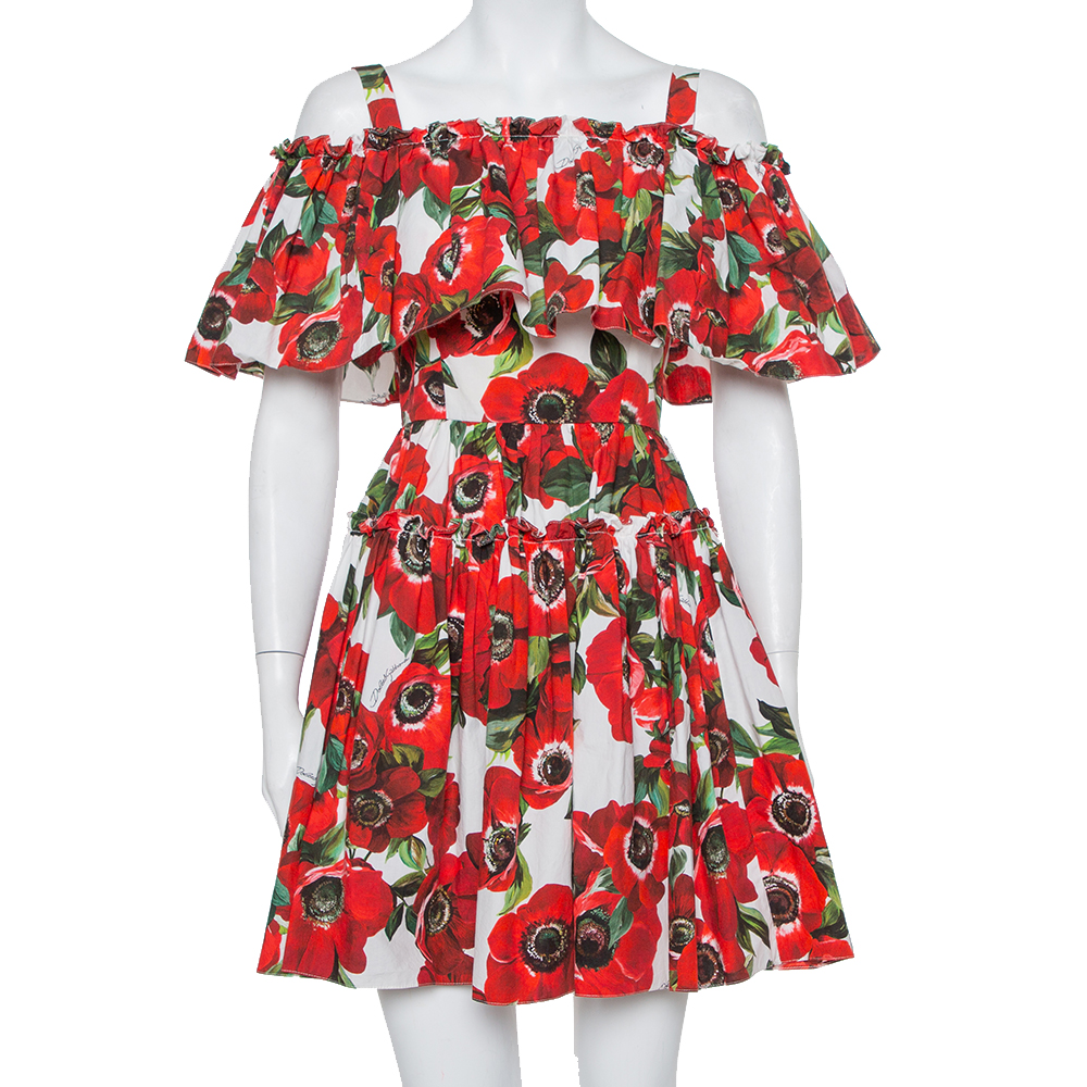 Pre-owned Dolce & Gabbana Red Floral Printed Cotton Ruffled Off Shoulder Mini Dress Xs In White