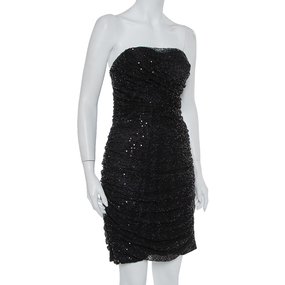 

Dolce & Gabbana Black Sequin Embellished Tulle Ruched Strapless Mini Dress
