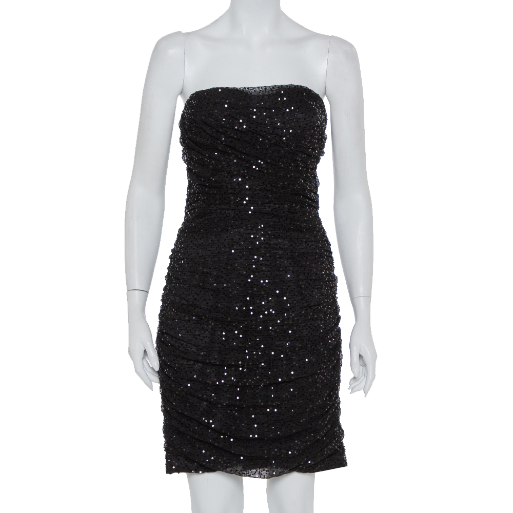 Pre-owned Dolce & Gabbana Black Sequin Embellished Tulle Ruched Strapless Mini Dress L