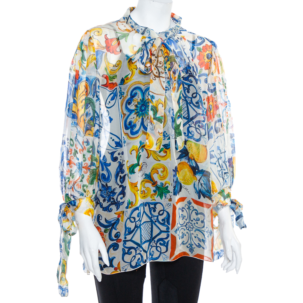 

Dolce & Gabbana White Majolica Printed Silk Neck Tie Detail Top