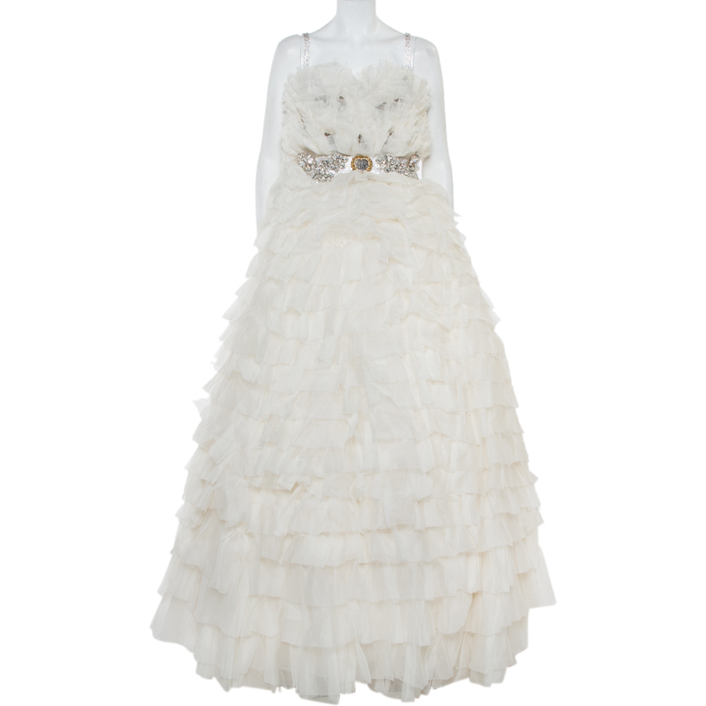 Pre-owned Dolce & Gabbana White Ruffled Silk Embellished Belt Detail Wedding Gown S